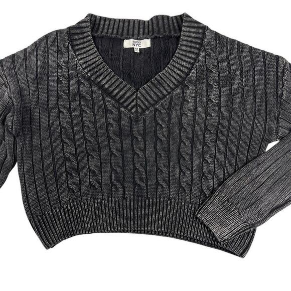 Madden NYC Washed Black Cropped Cable Knit V-Neck Long Sleeved Sweater Size M - Picture 1 of 9